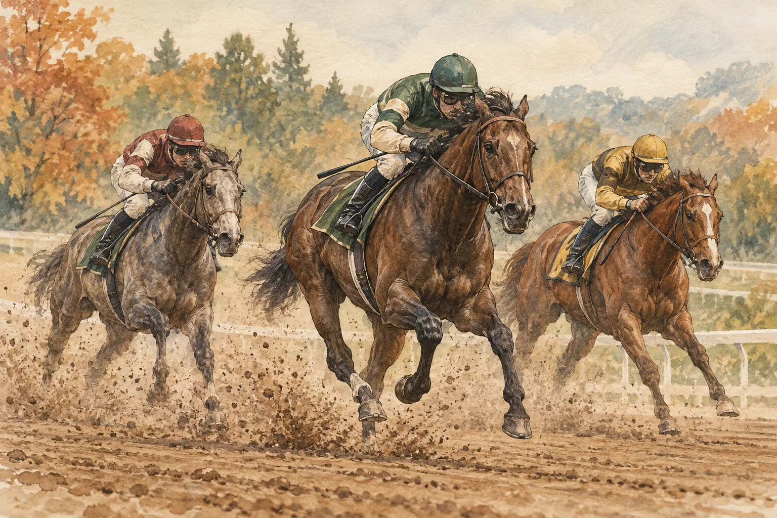 秋のダートコースで砂を蹴って走る3頭の馬と騎手を描いた水彩風イラスト