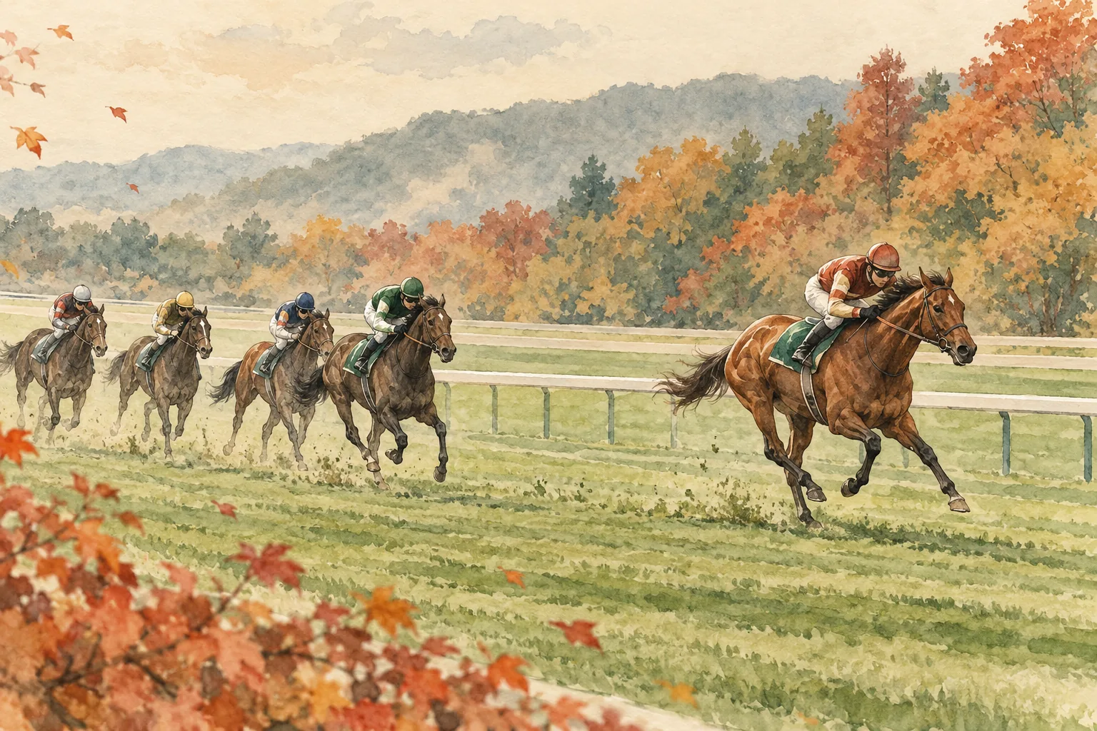 秋の芝コースで先行する馬と後方の馬を描いた水彩風の編集イラスト