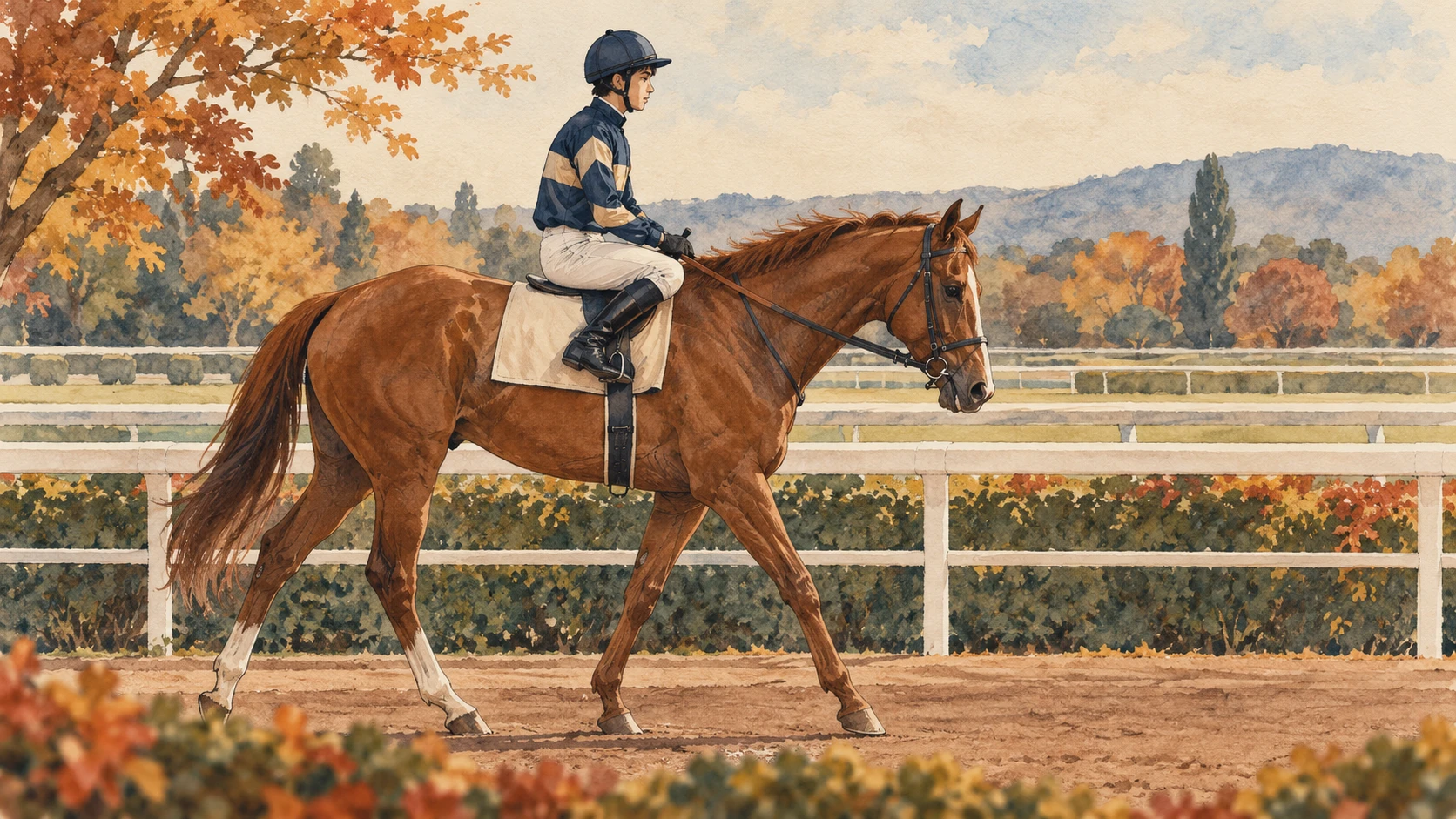 パドックを歩く匿名の競走馬と騎手の概念画。実在する岐阜金賞出走馬・騎手・競馬場を示すものではありません。