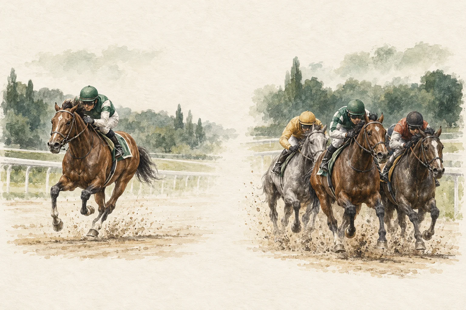 単独で走る馬と馬群で走る馬を並べた水彩風の比較イラスト