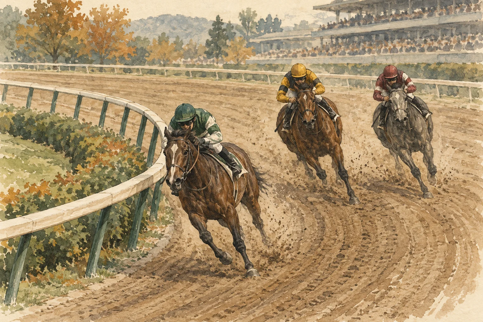 砂の小回りコーナーで内側と外側を走る3頭の馬と騎手の水彩風概念イラスト