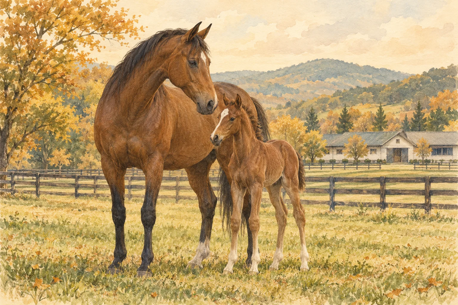 秋の牧草地に寄り添って立つ母馬と当歳馬を描いた水彩風の概念イラスト