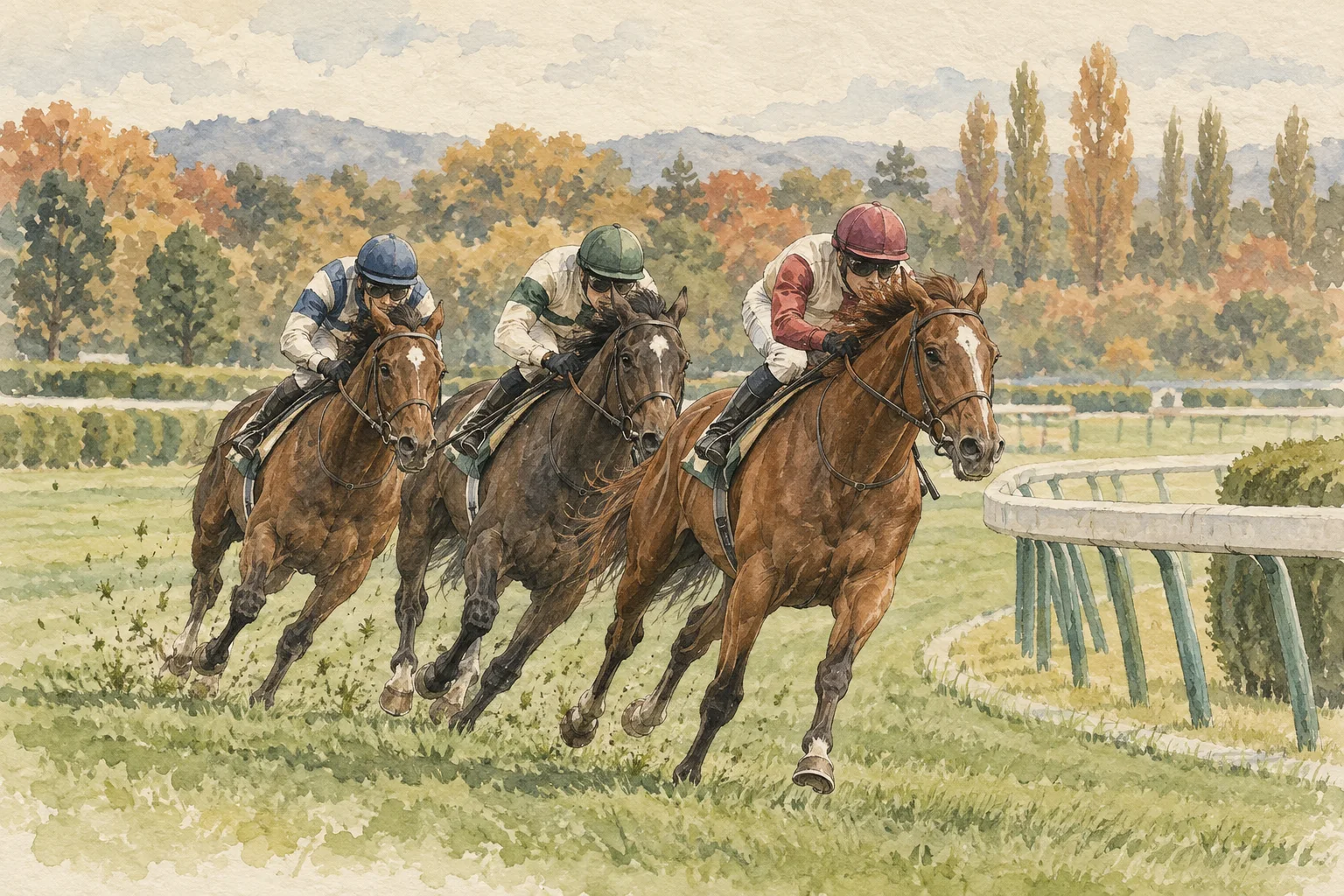 秋の芝コースのカーブを走る3頭の馬と騎手を描いた水彩風イラスト
