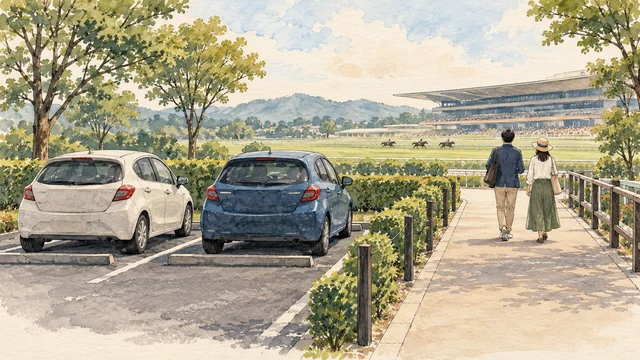 予約駐車場から競馬場へ歩く観戦客を描いた概念画。実在の駐車場や経路を示す地図ではありません。
