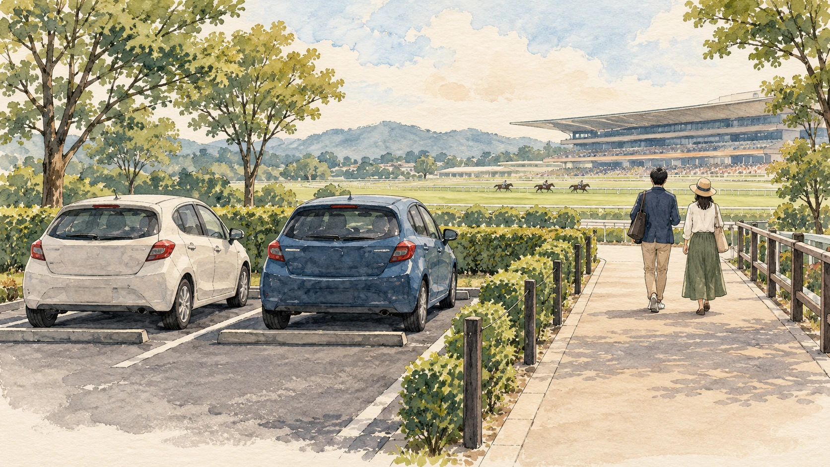 予約駐車場から競馬場へ歩く観戦客を描いた概念画。実在の駐車場や経路を示す地図ではありません。