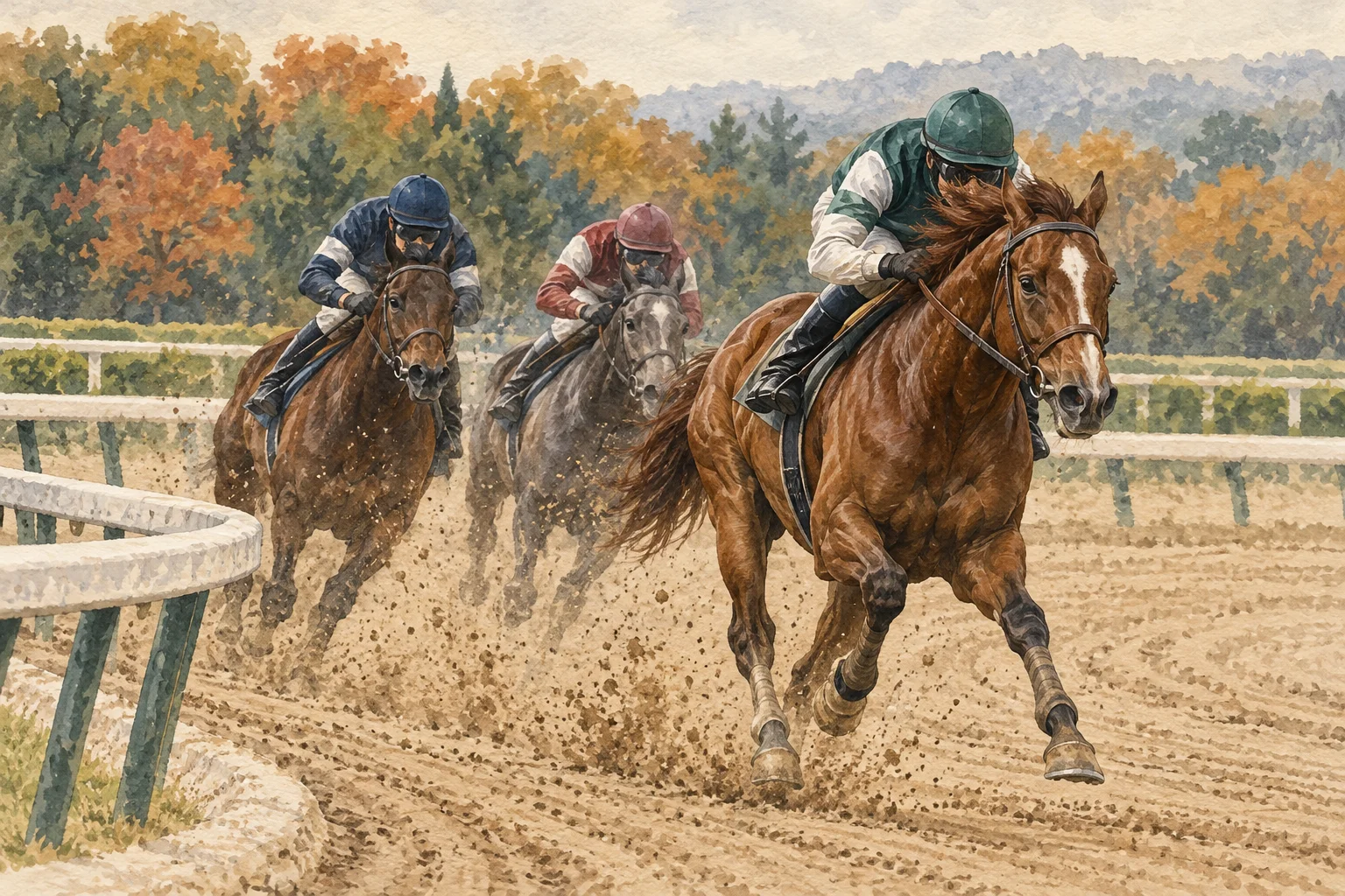 砂の左回りコーナーで先頭の栗毛馬を2頭が追う水彩風の競馬概念イラスト
