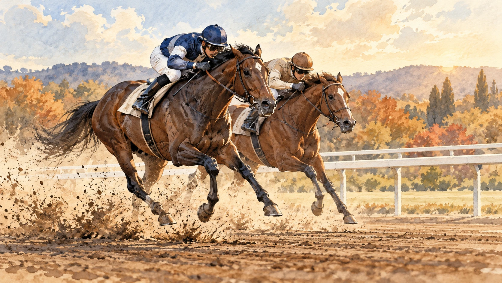ダートの直線を並んで走る匿名の競走馬2頭の概念画。実在馬や実際の埼玉栄冠を再現したものではありません。