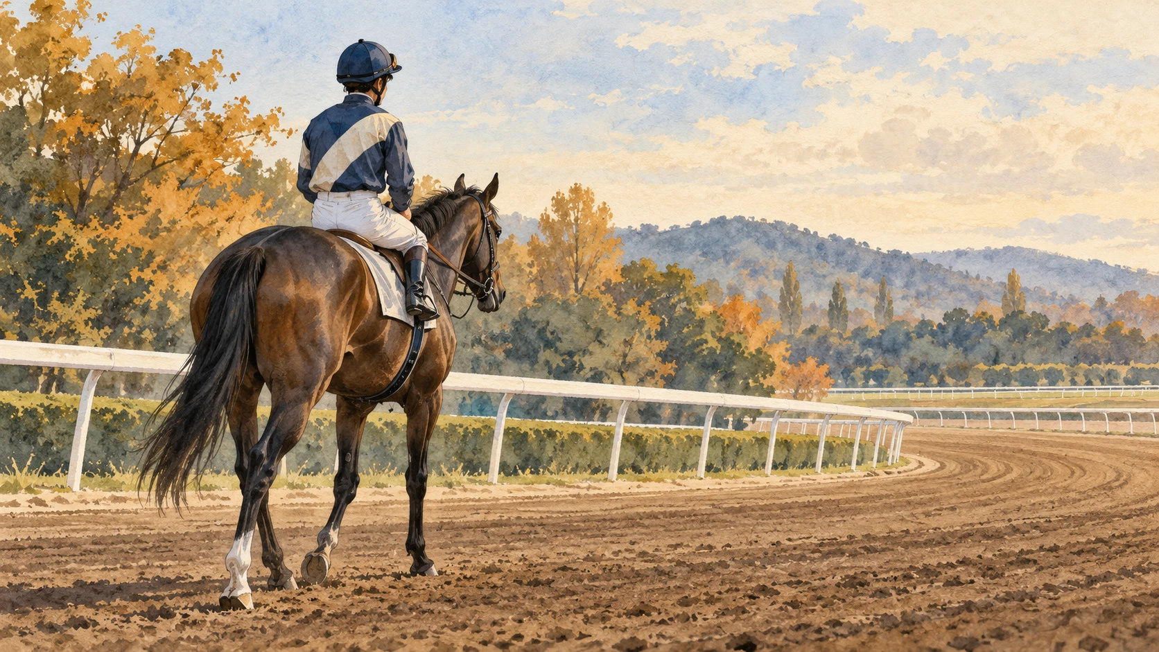 競走馬に騎乗してダートコースへ向かう匿名の若手騎手の概念画。実在する騎手・馬・競馬場を示すものではありません。