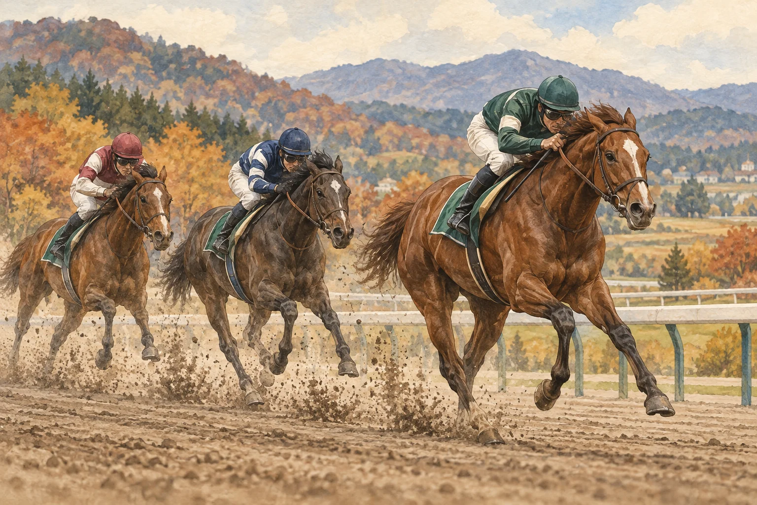 秋の景色を背景に砂の直線で3頭の馬と騎手が競う水彩風の概念イラスト